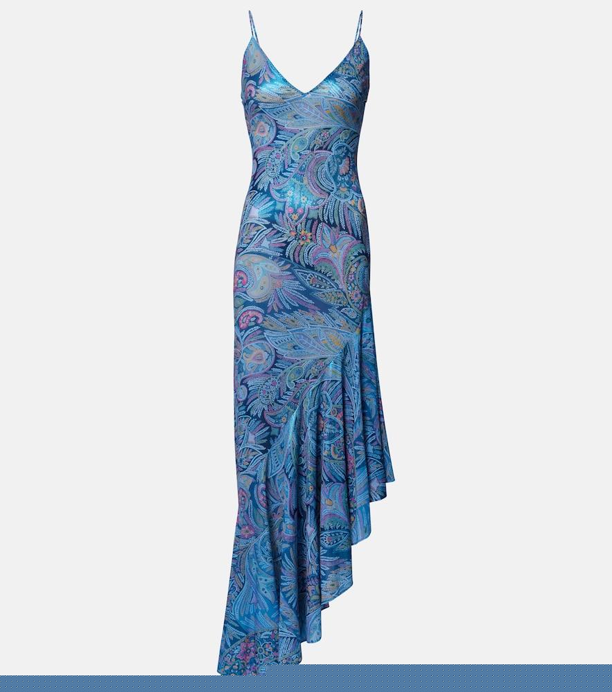 etro paisley asymmetric ruffled midi dress
