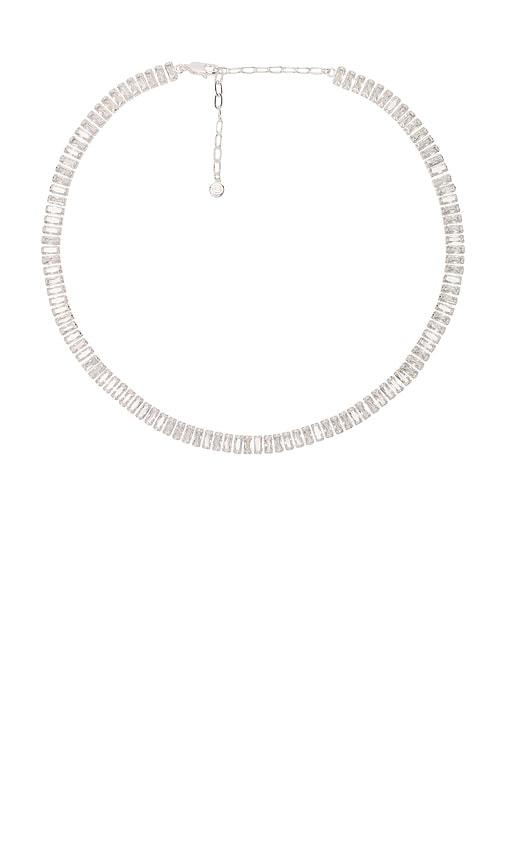 ettika baguette tennis necklace in metallic silver.
