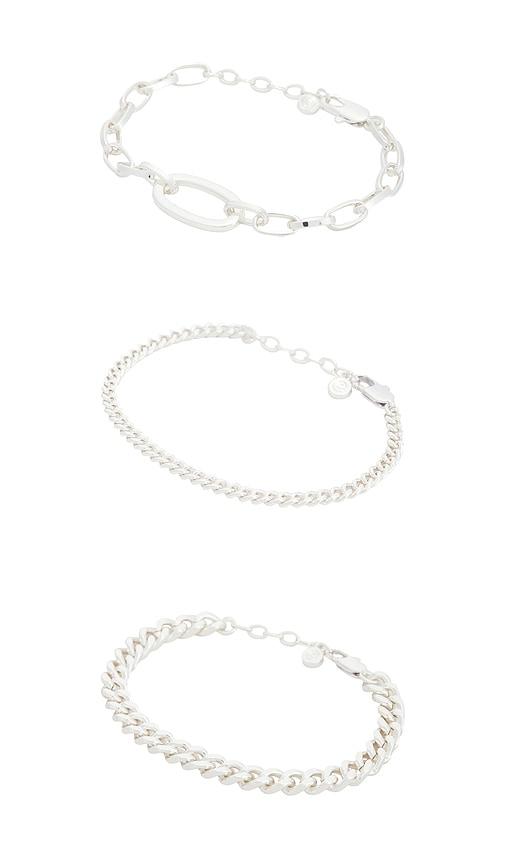 ettika chain game bracelet set in metallic silver.