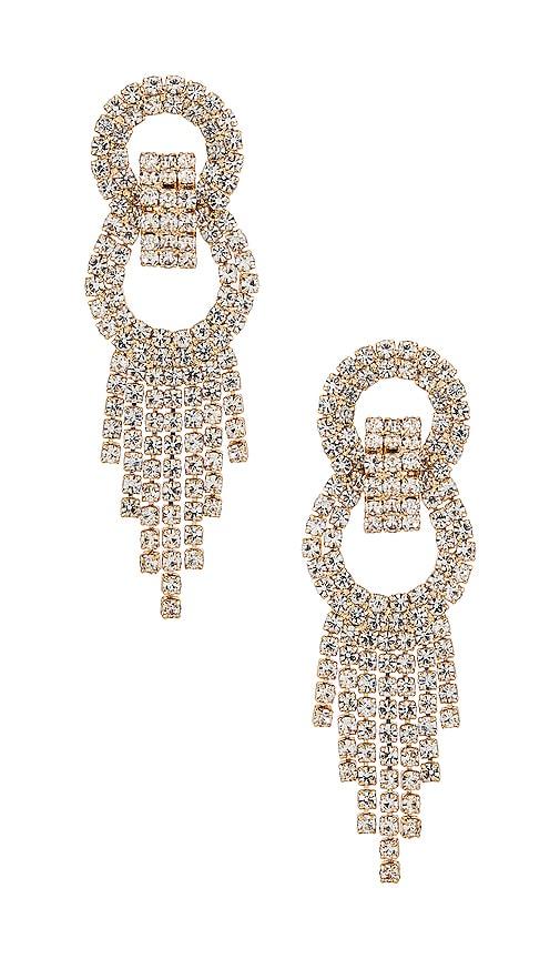 ettika crystal fringe earrings in metallic gold.