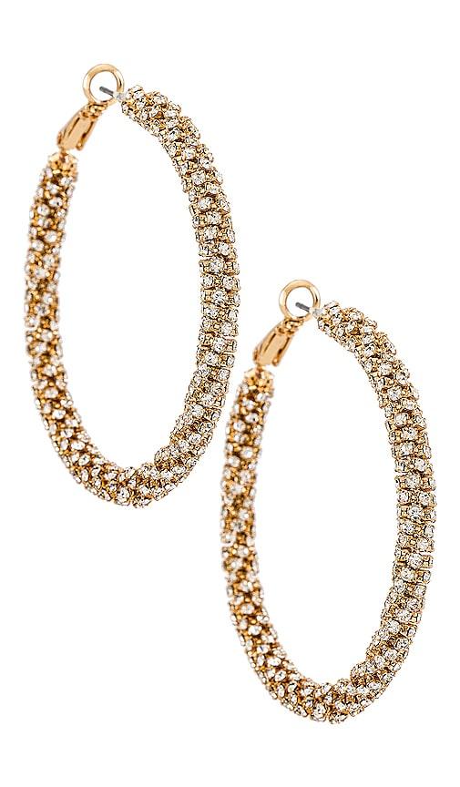ettika crystal hoop earrings in metallic gold.