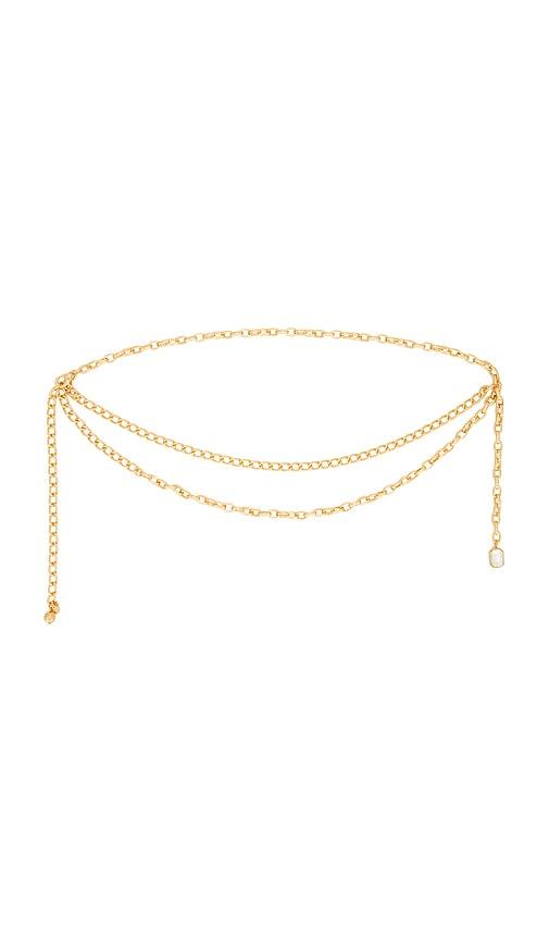 ettika crystal pendant chain belt in metallic gold.