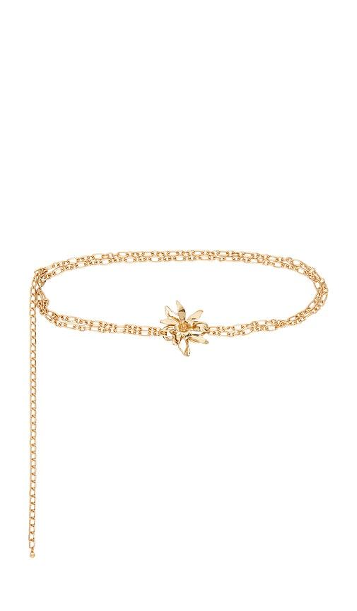 ettika floral chain belt in metallic gold.