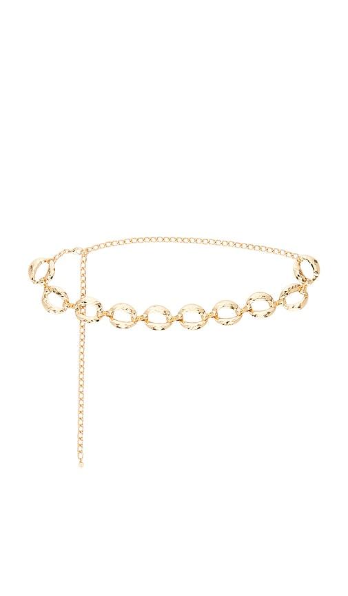 ettika hammered rings belt in metallic gold.