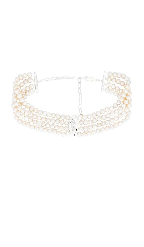 ettika liquid luxe pearl statement choker in metallic silver.