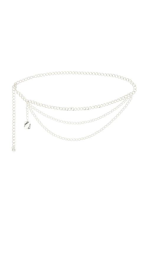 ettika modern edge layered waist chain in metallic silver.
