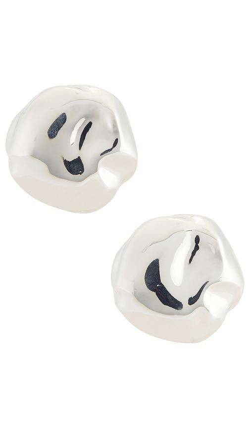 ettika molten spheres large stud earrings in metallic silver.