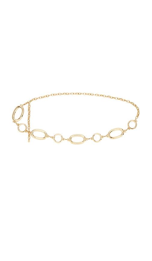 ettika multi-ring chain belt in metallic gold.