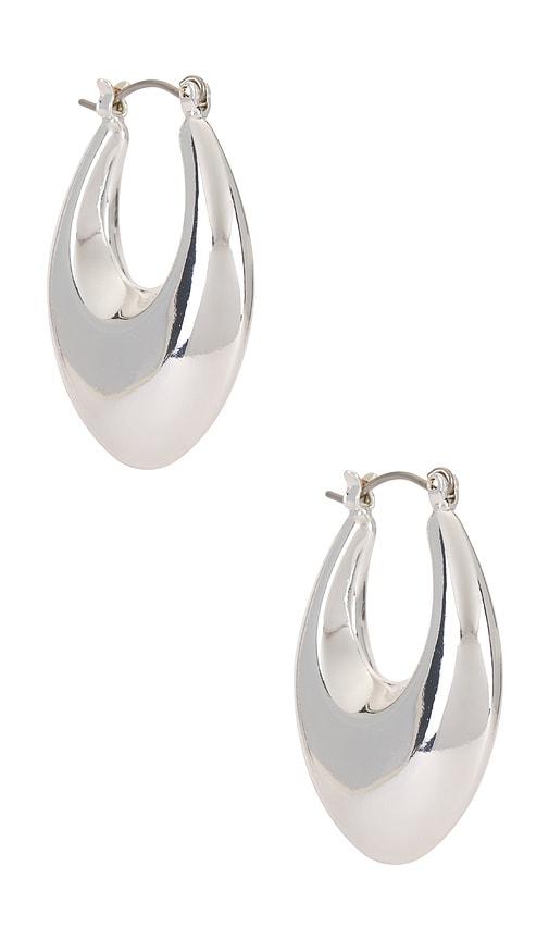ettika open teardrop hoop earrings in metallic silver.