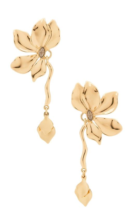 ettika petals statement earrings in metallic gold.
