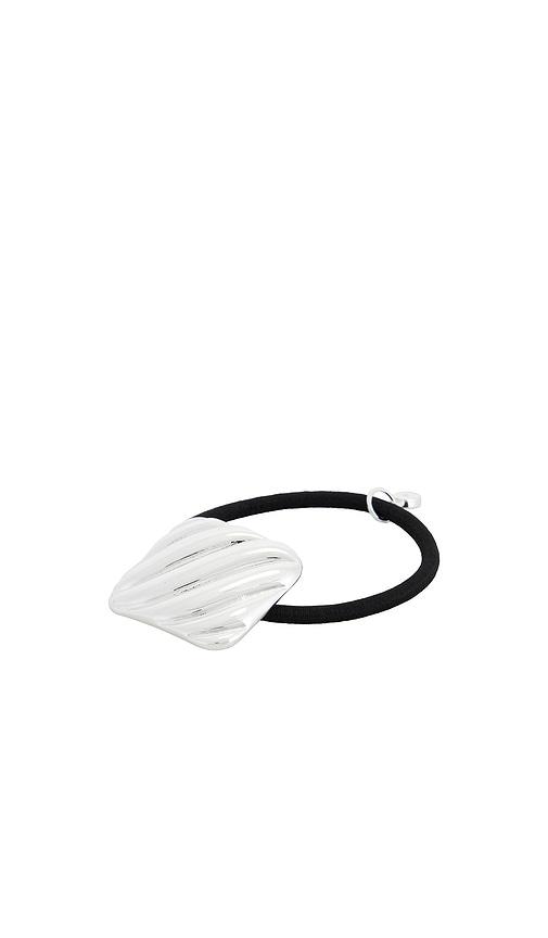 ettika shiny square hair tie in metallic silver.