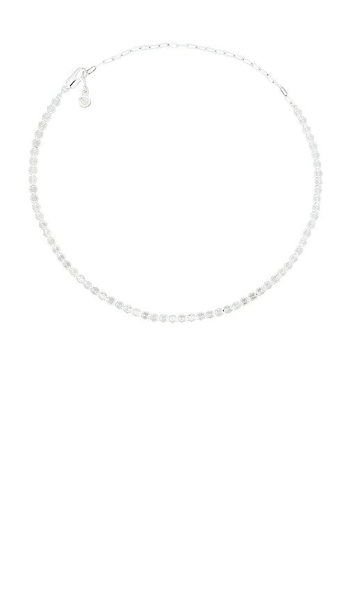 ettika simply tennis necklace in metallic silver.