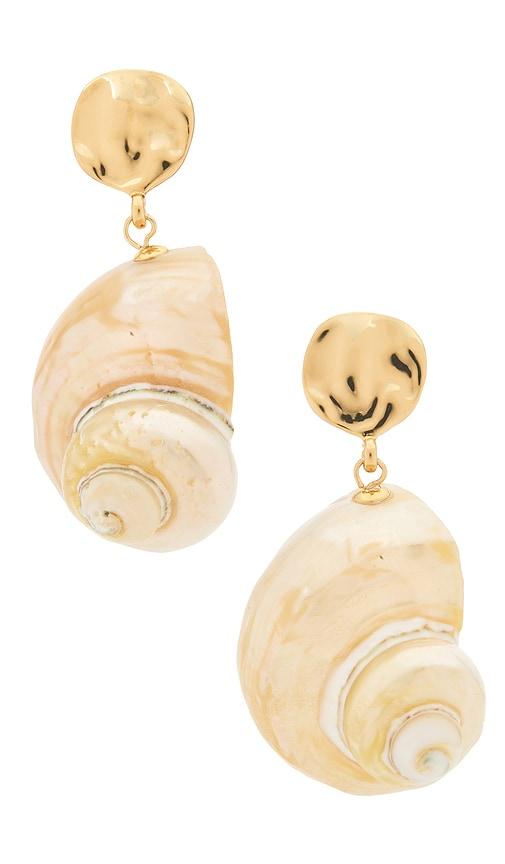 ettika sunken treasure shell drop earrings in metallic gold.