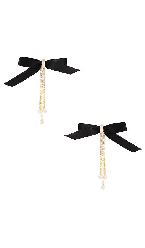 ettika velvet bow crystal chain earrings in black.