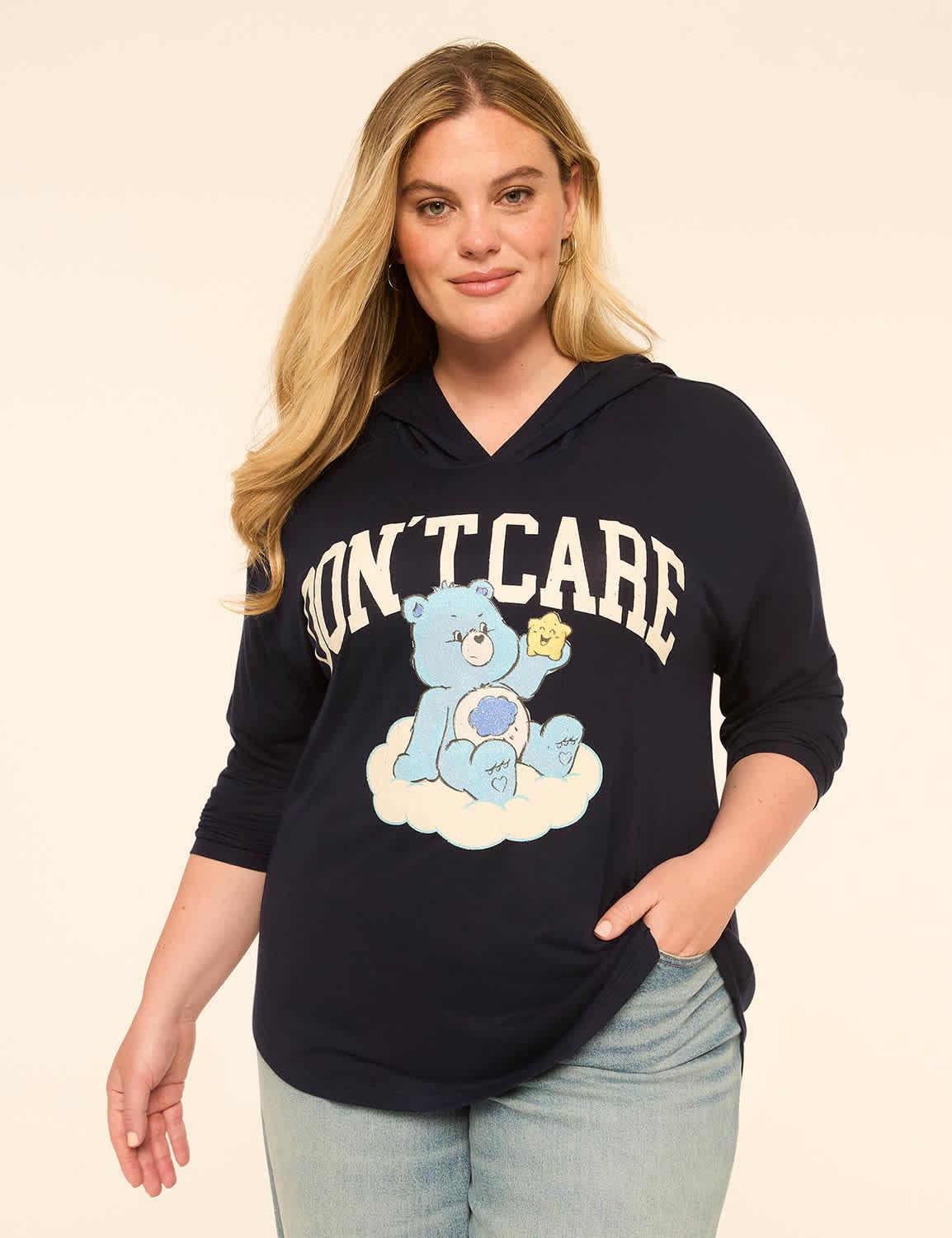 everywear glitter grumpy bear don't care graphic hoodie