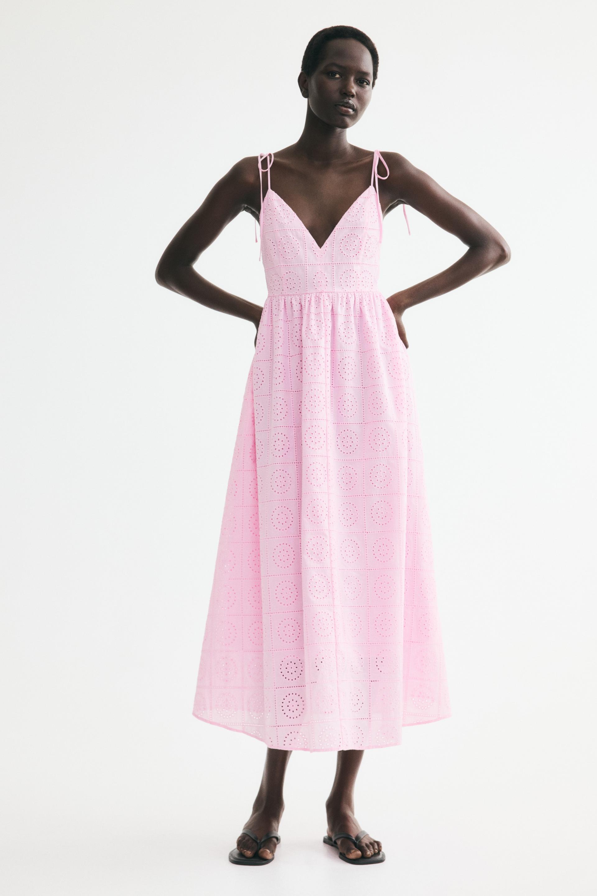 eyelet-embroidered tie-shoulder-strap dress