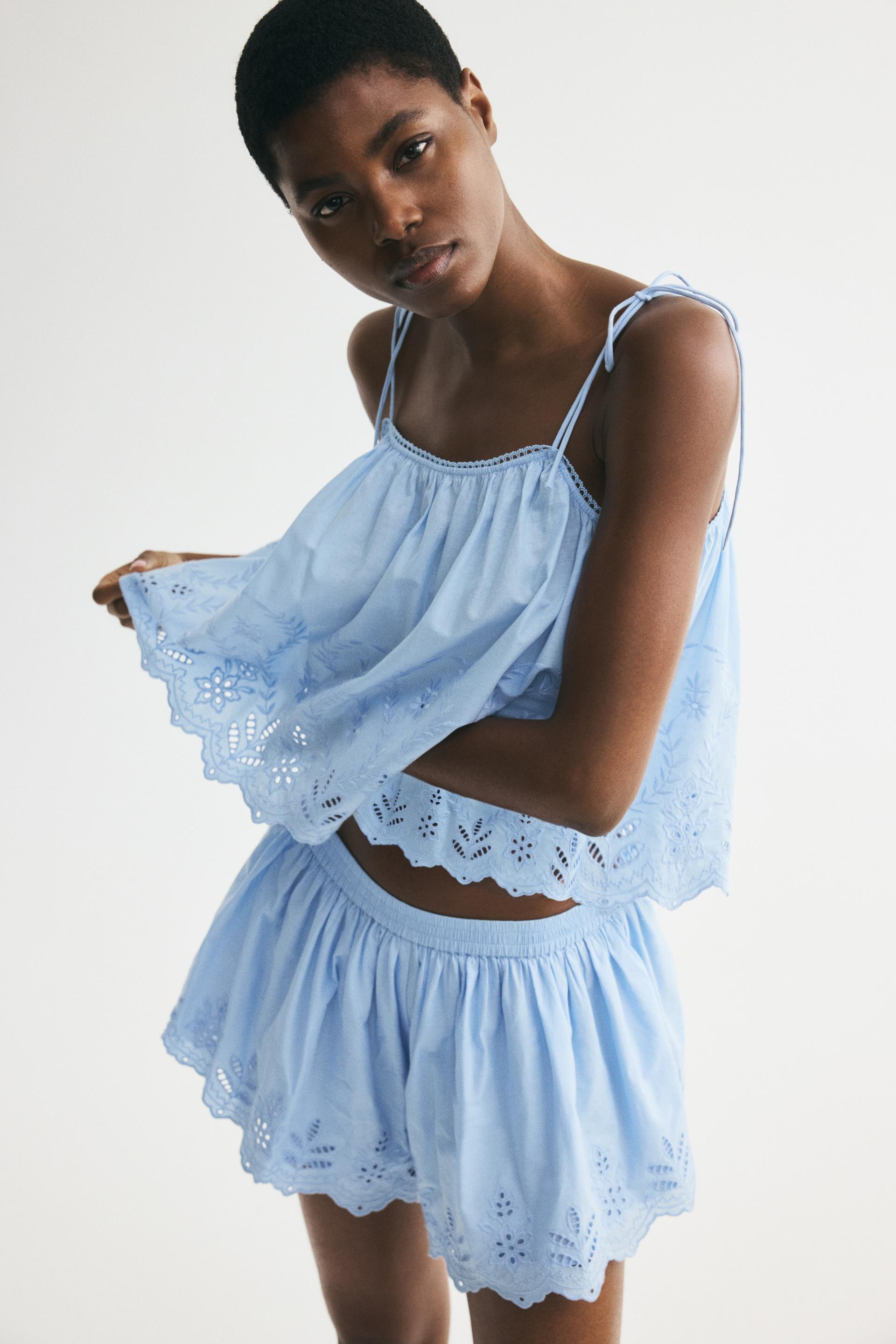 eyelet-embroidered top with tie shoulder straps