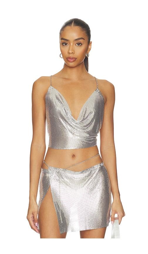 fae aura glomesh top in metallic silver, grey.
