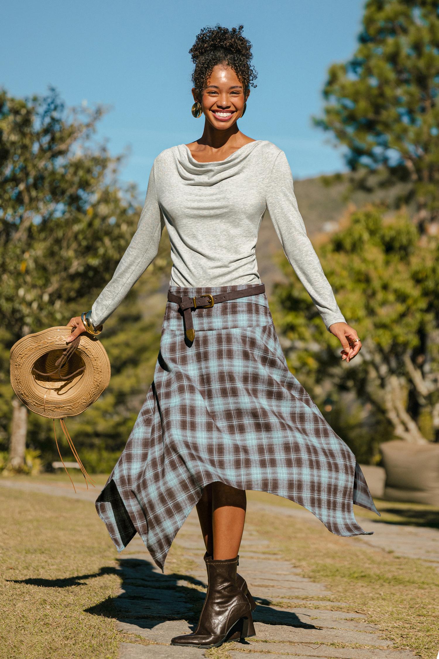 fall feeling plaid midi skirt - l