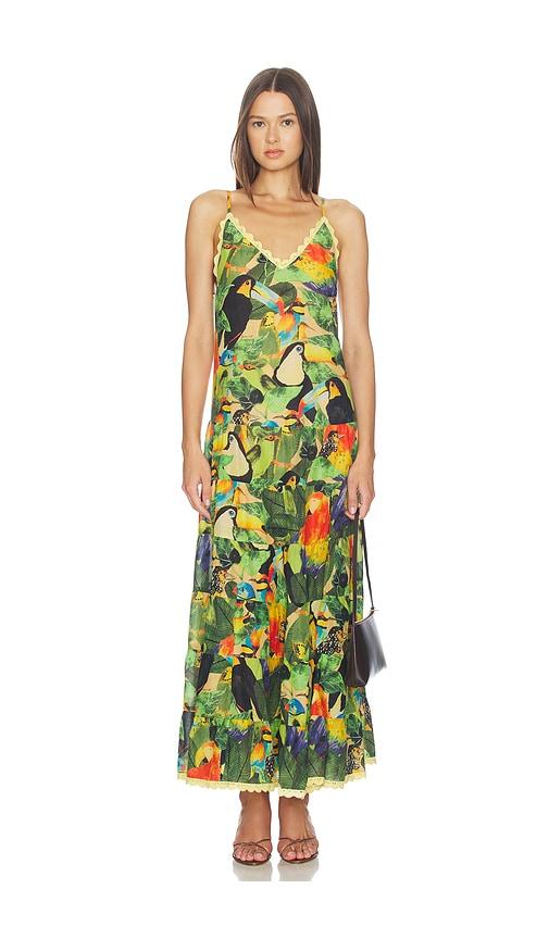 farm rio bird leaves long dress in green. - size m (also in s)