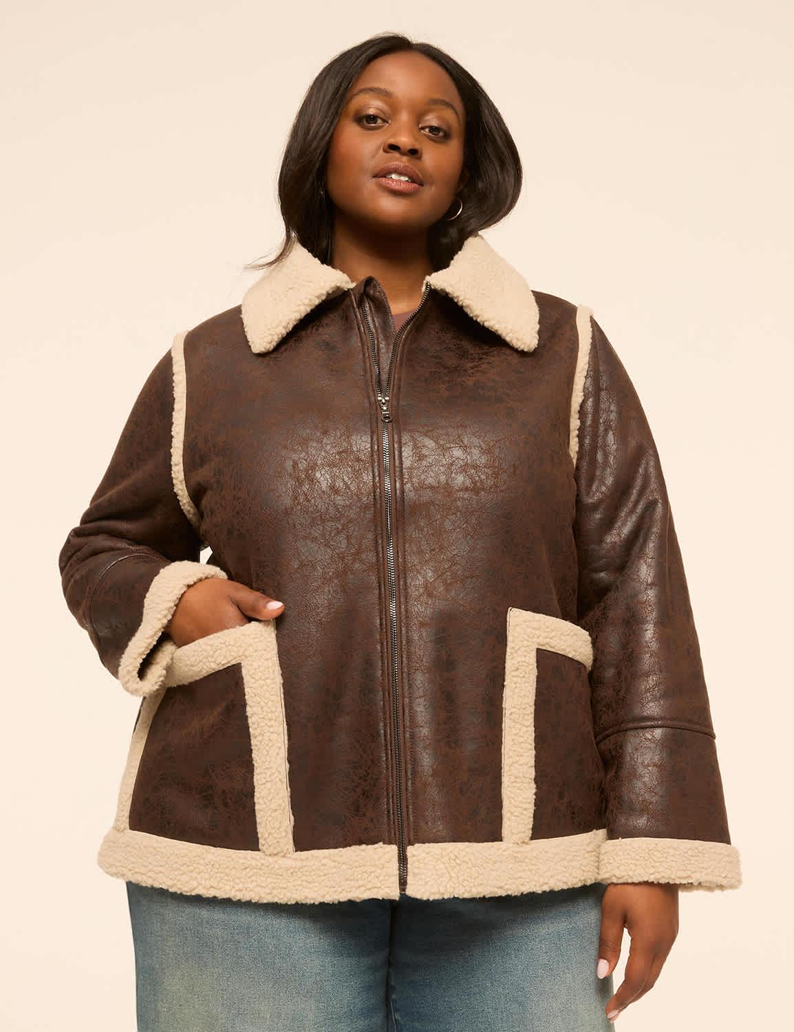 faux fur-lined aviator coat