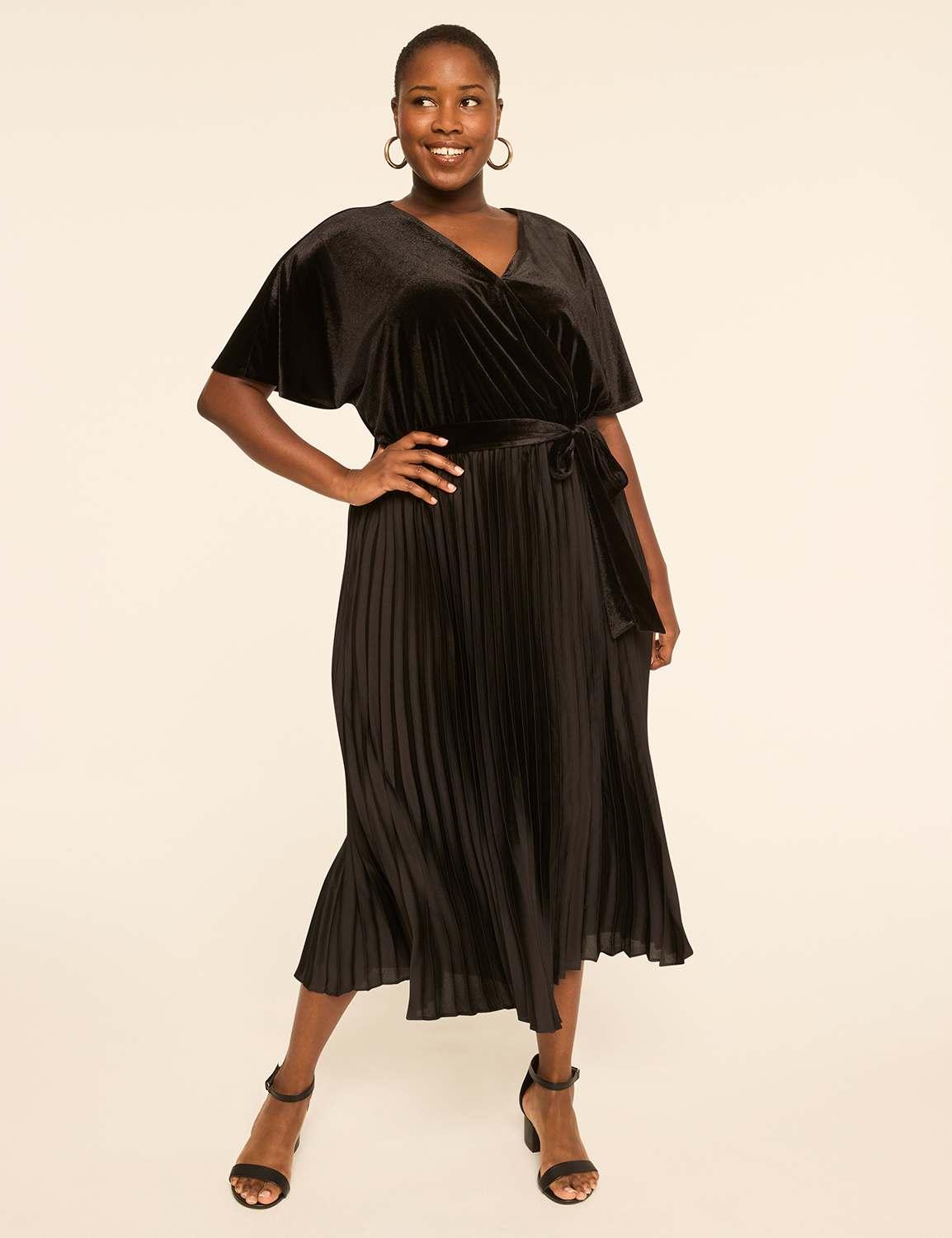 faux-wrap velvet-bodice pleated maxi dress