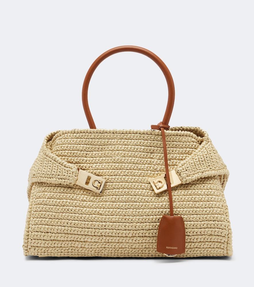 ferragamo hug medium raffia shoulder bag