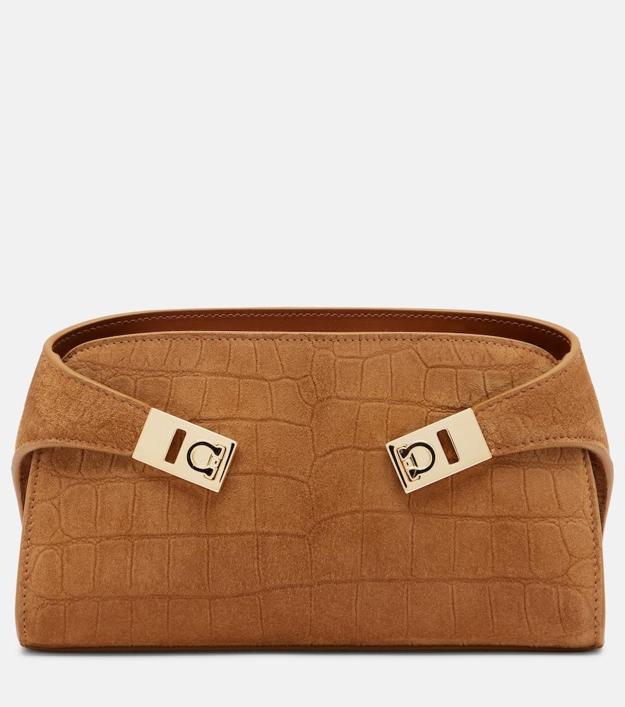 ferragamo hug mini croc-effect suede clutch