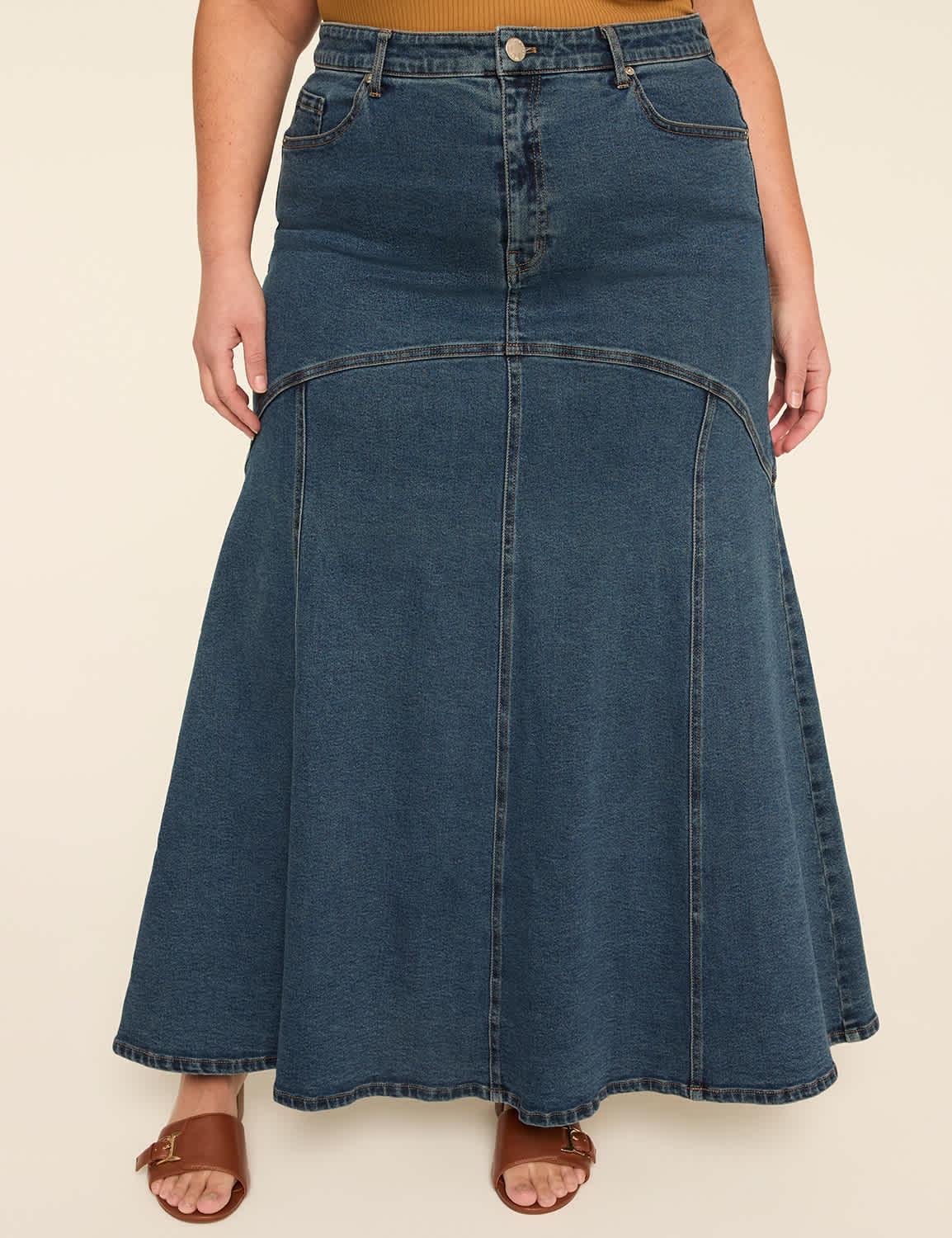 fit & flare denim maxi skirt