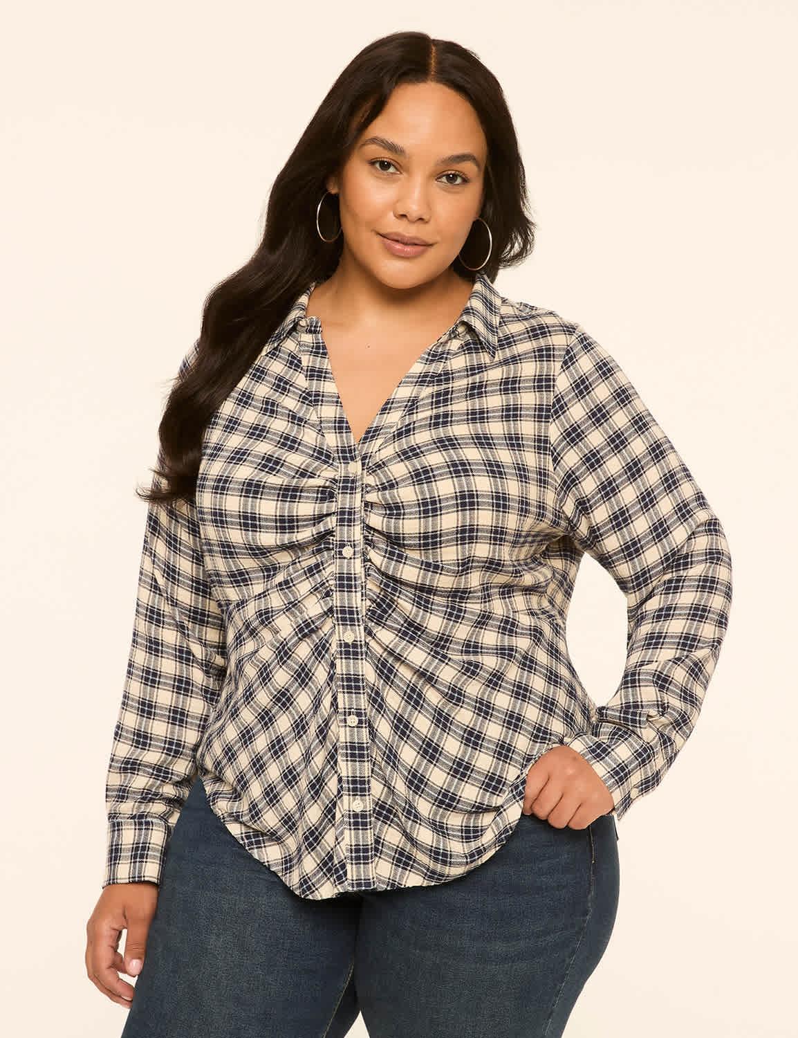 fitted crinkle ruched button-down shirt