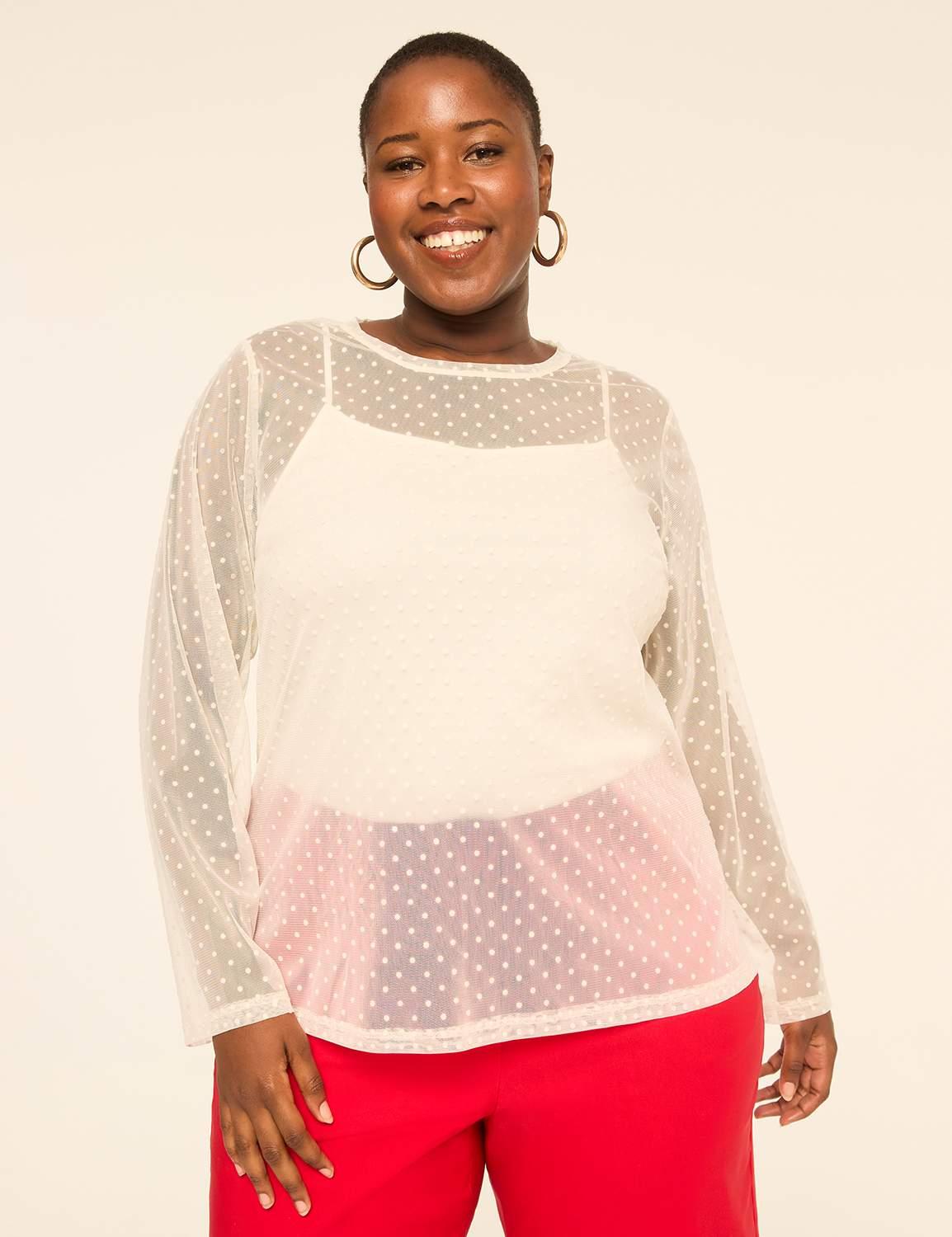 fitted polka dot mesh top