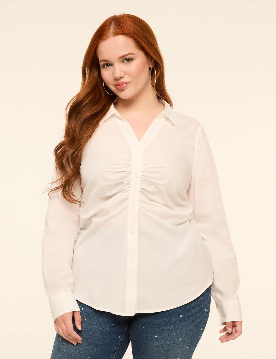 fitted ruched button-down shirt