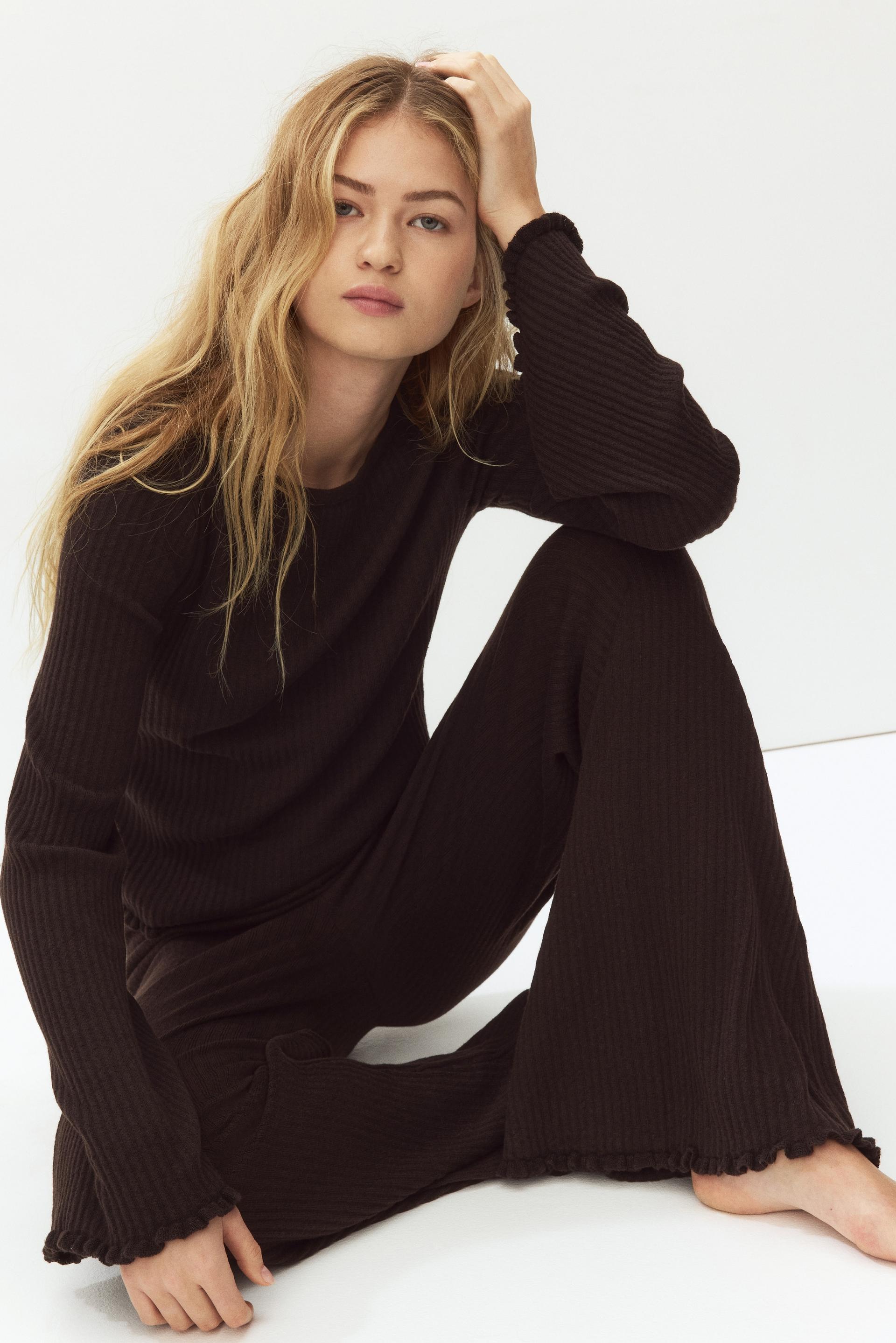 flared rib-knit linen-blend pants