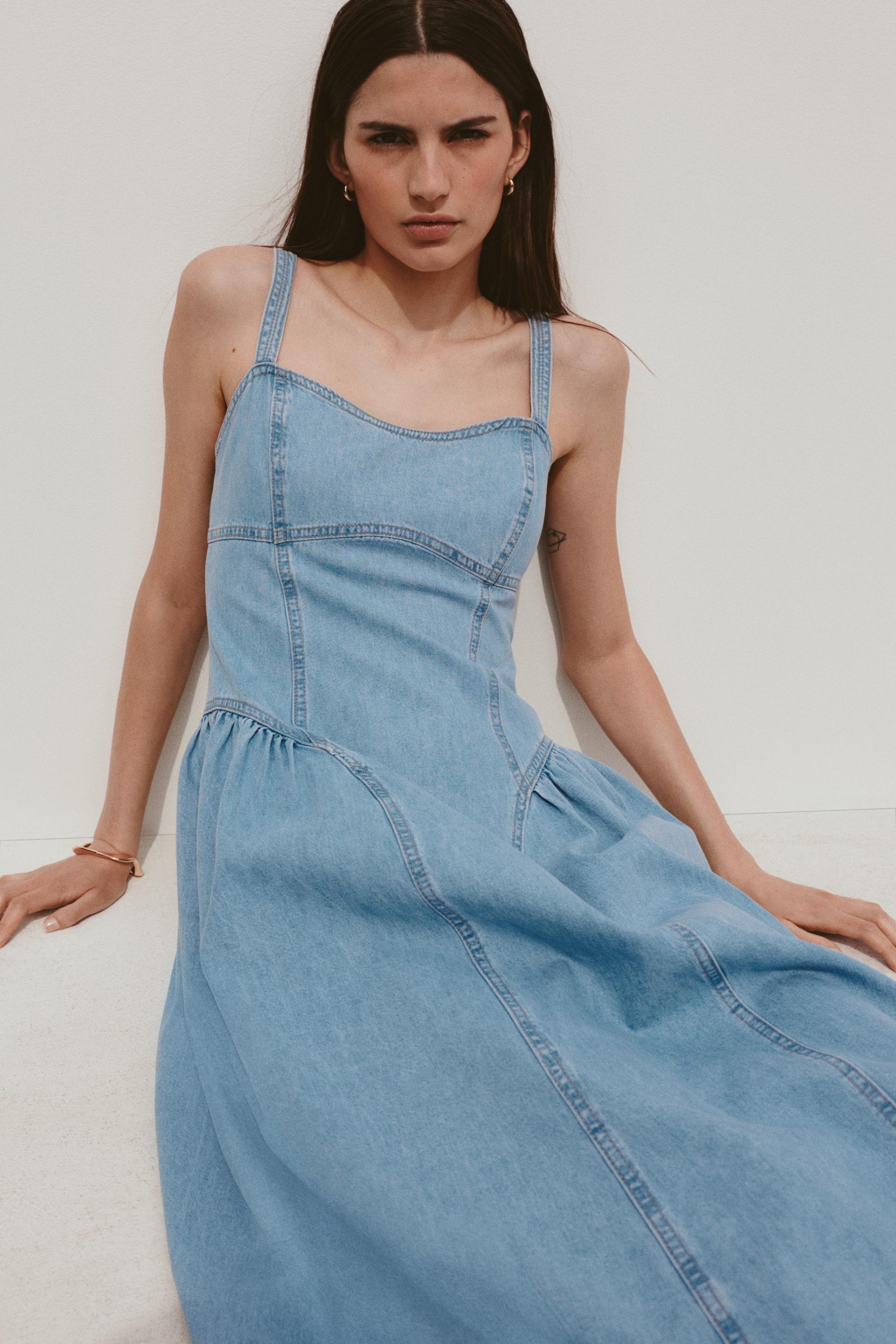flared-skirt denim dress