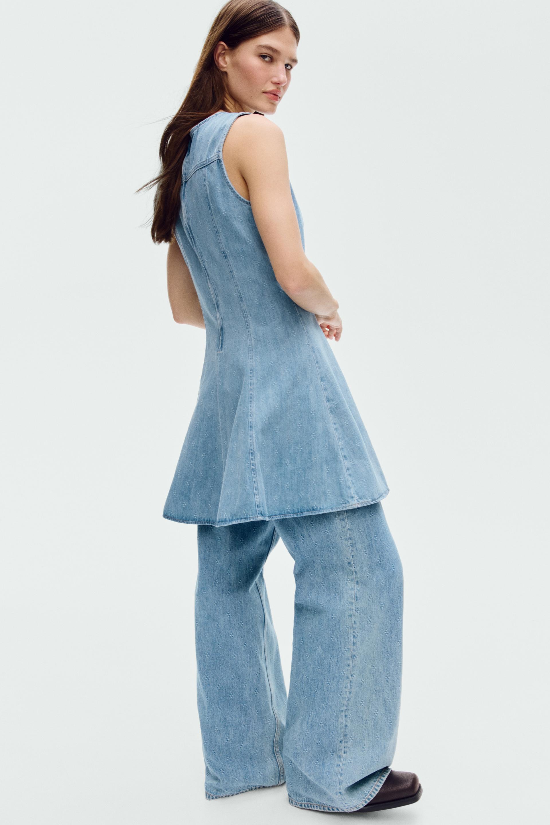 flared-skirt denim dress