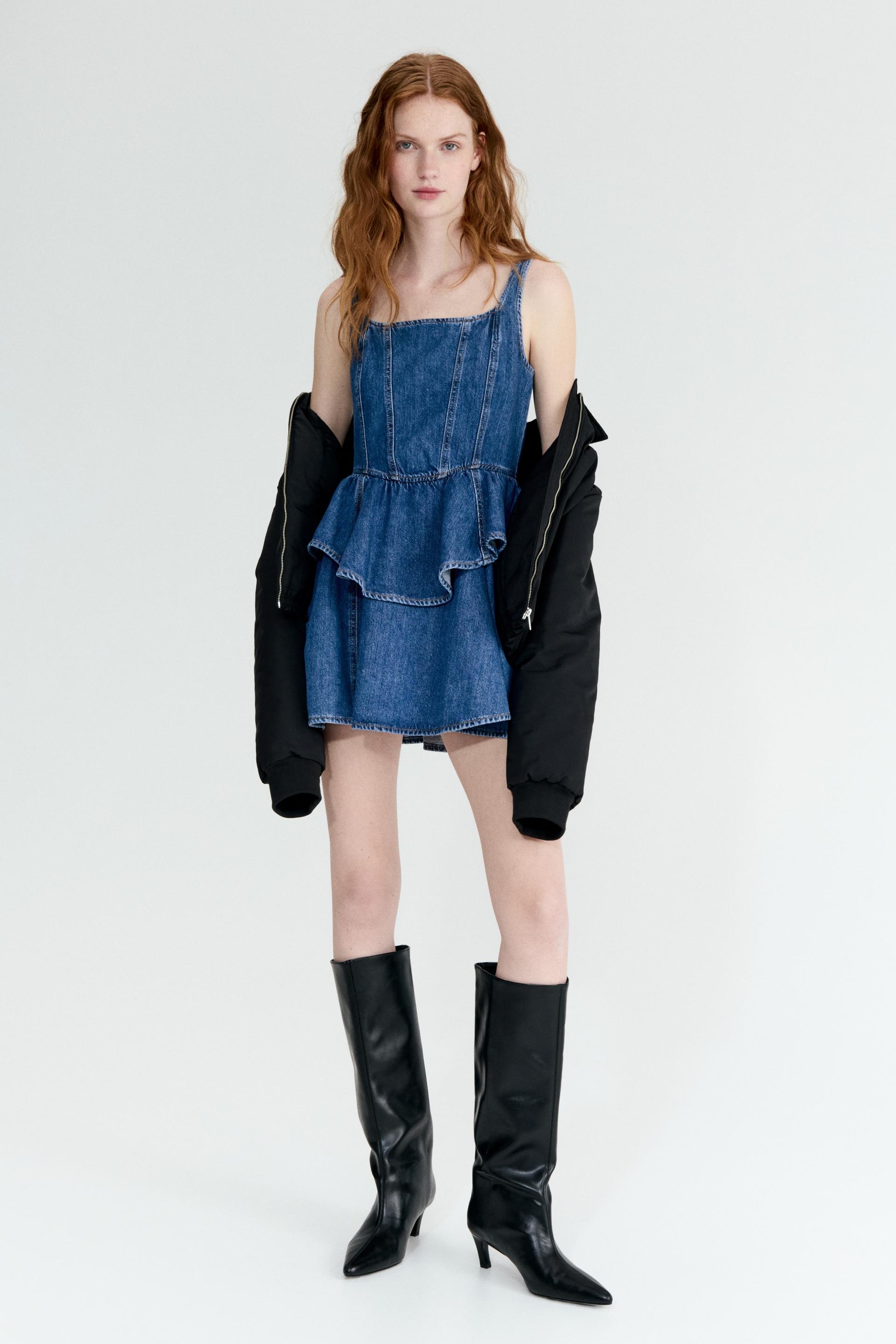 flared-skirt denim dress