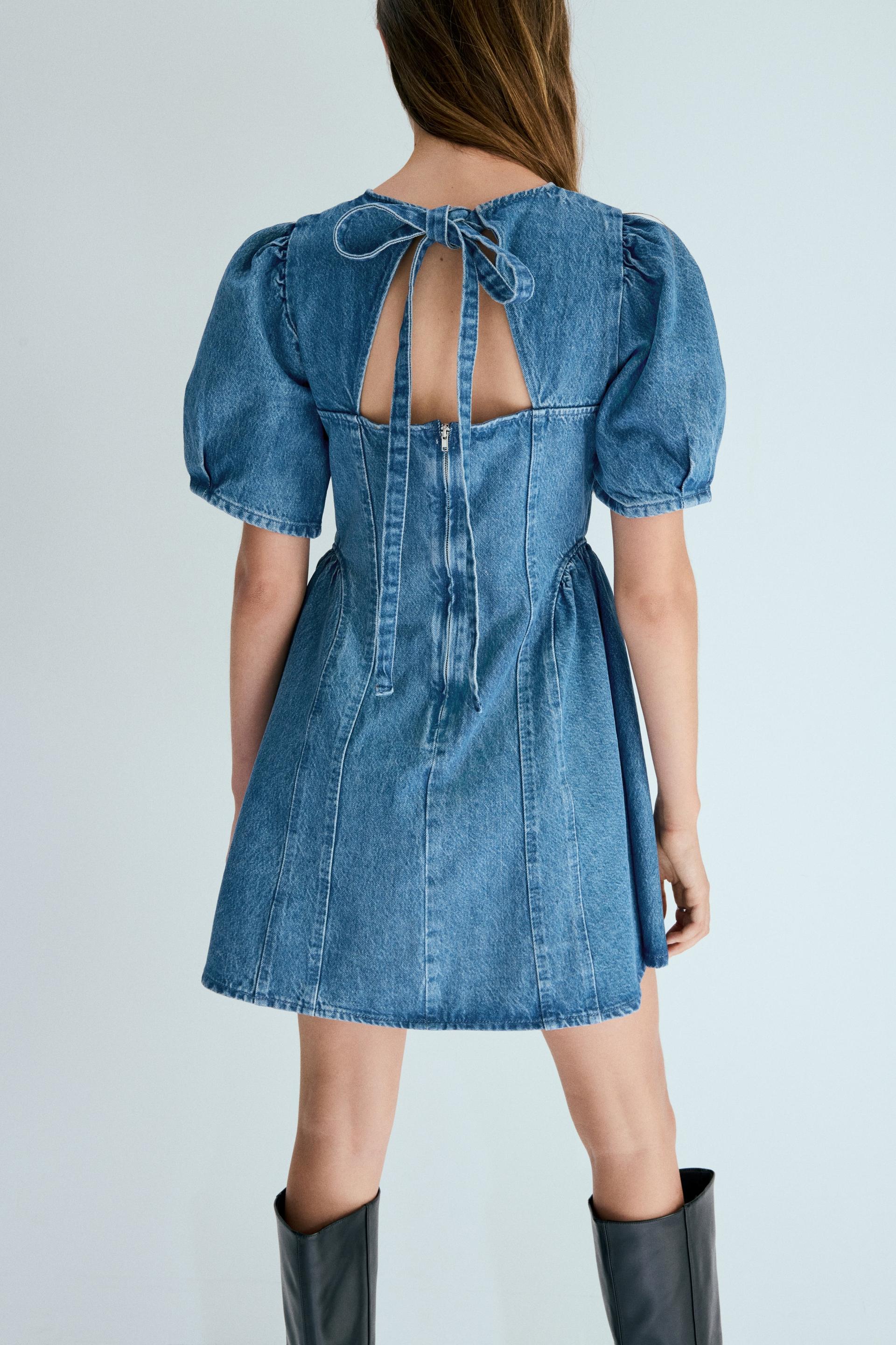 flared-skirt denim dress