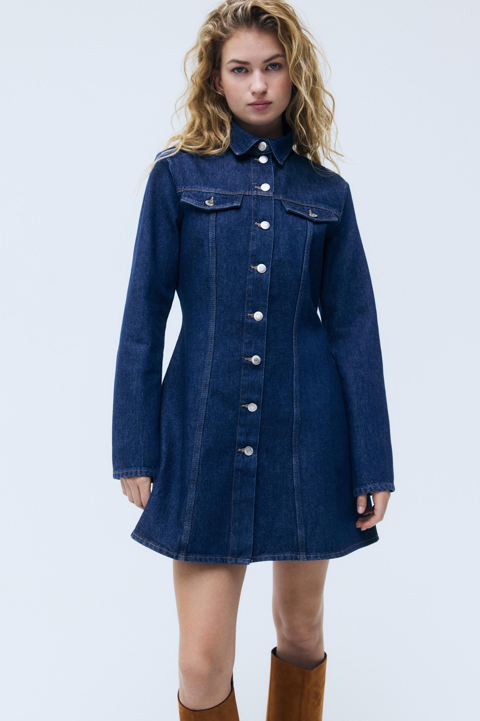 flared-skirt denim dress