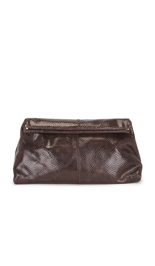 flattered clay clutch in brown.