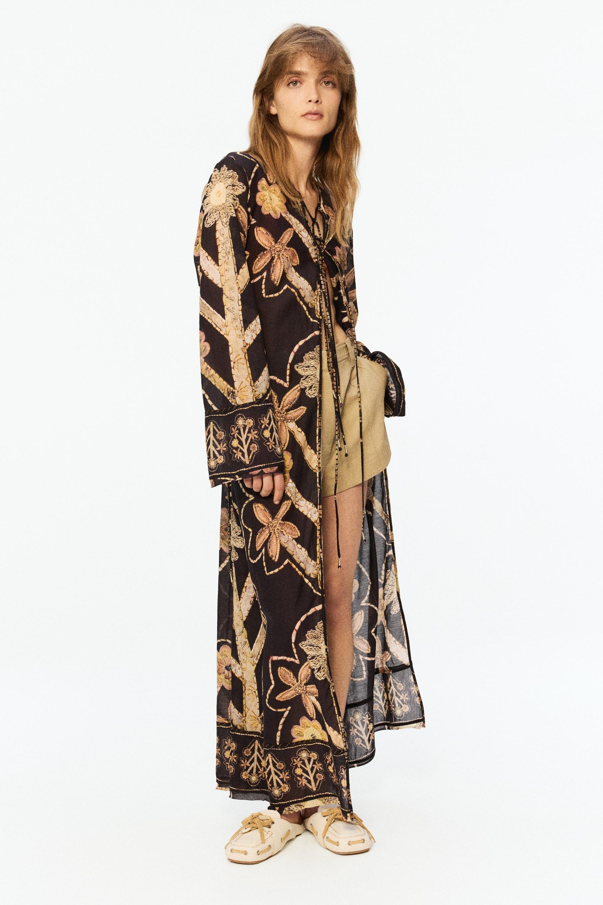 floral-print tie-detail kaftan dress