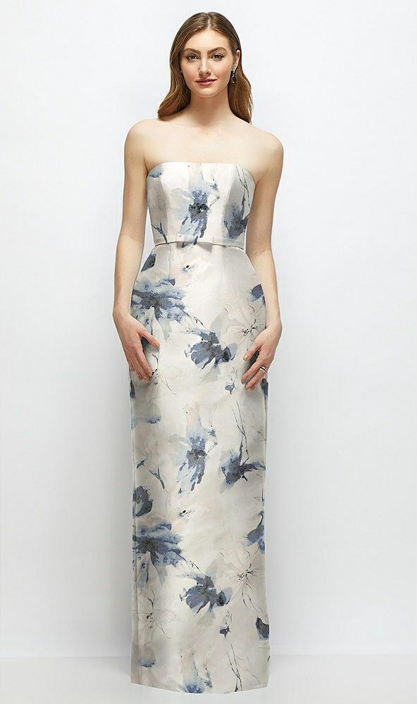 floral strapless satin column dress with bow-trimmed skinny belt