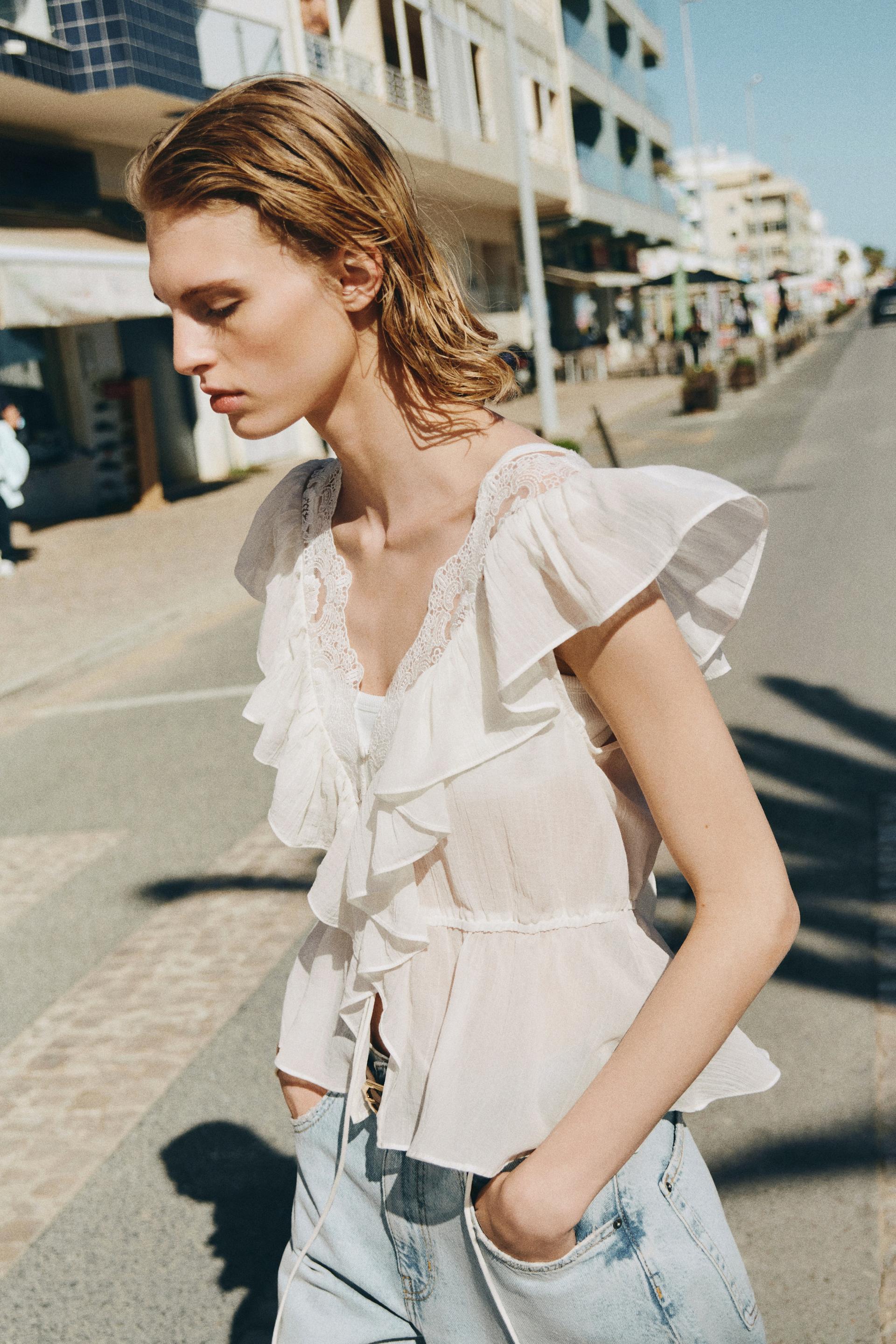 flounce-trimmed lyocell top