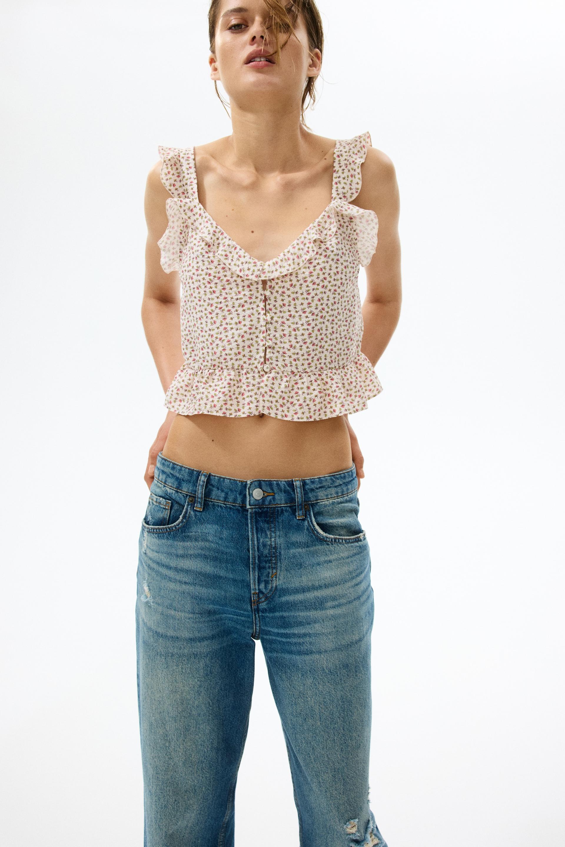 flounced button-front top