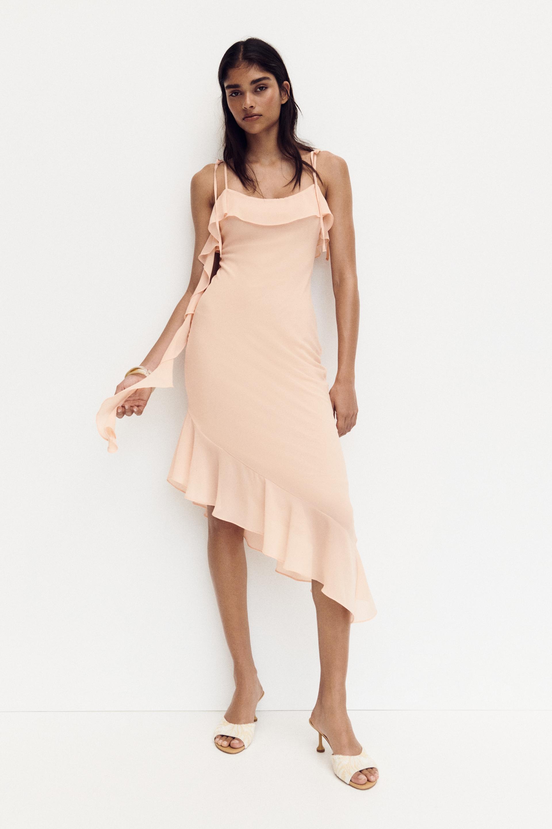 flounced dress with tie shoulder straps