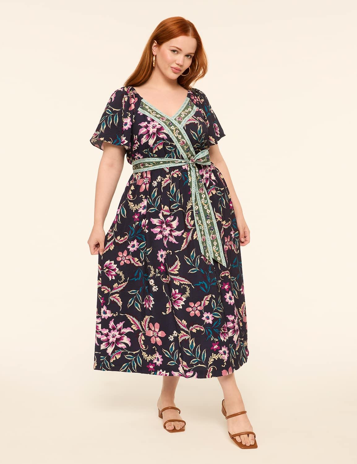 flutter-sleeve faux-wrap midi dress