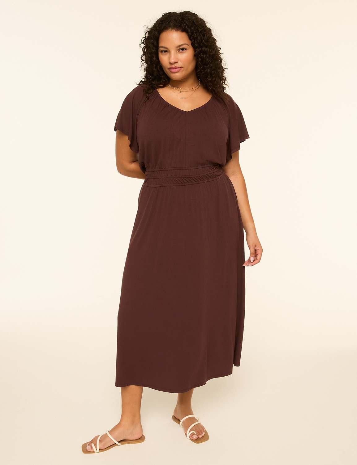 flutter-sleeve smocked-waist midi dress