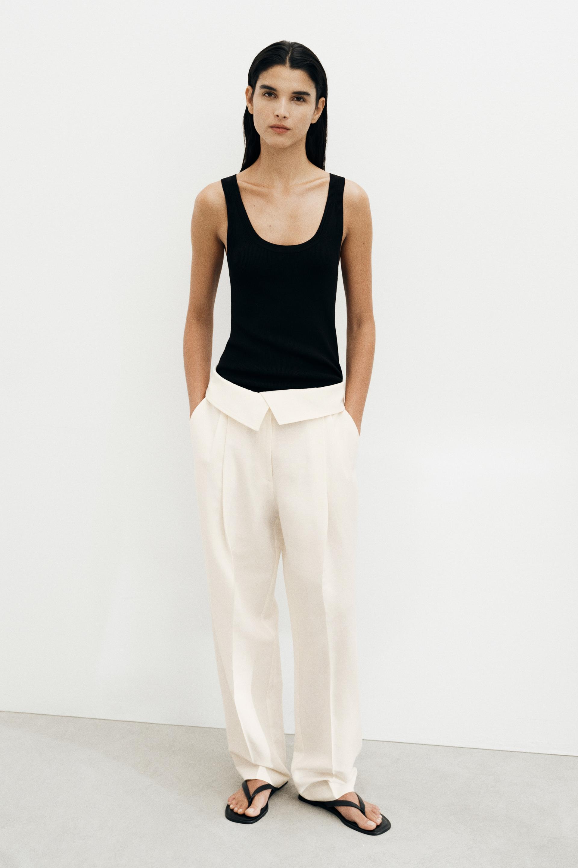 foldover-waist linen-blend pants