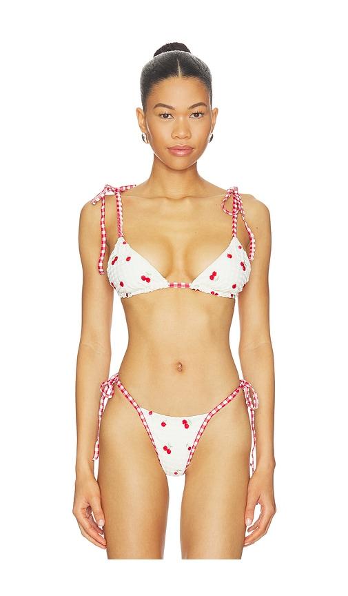 for love & lemons beaded cherries bikini top in cream,red. - size l (also in s, xs)