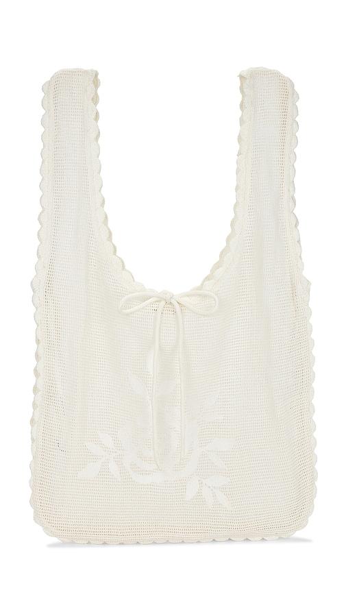 for love & lemons rose crochet tote in white.