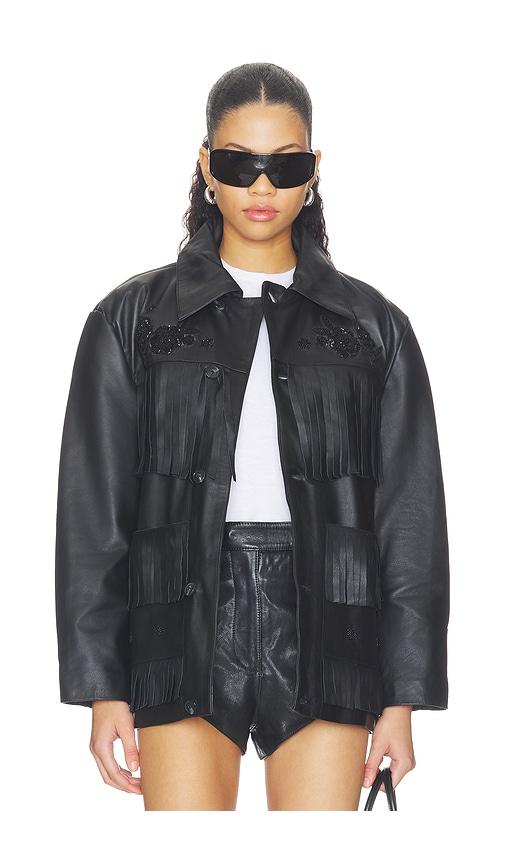 found hand embroidered leather fringe jacket in black. - size l (also in m, s, xl, xs)